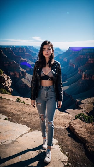 a charismatic woman,Bleached spikes,Grey,full body shot,majestic Grand Canyon offers breathtaking vistas at every turn,style by Brandon Woelfel,professional studio quality hyperdetailed masterpiece,Cinestill 50,Ethereal Lighting