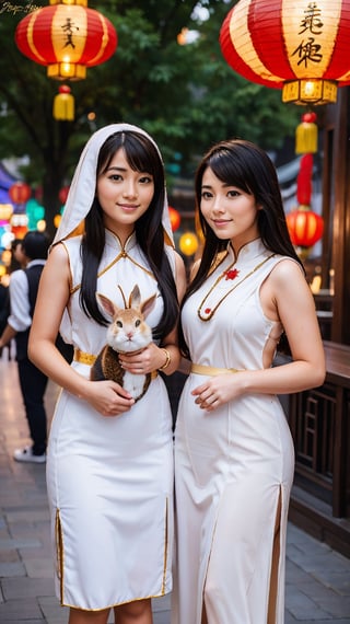 Two beautiful girls, holding a rabbit, white_skin, black-hair, very long hair, Good figure, 
Wear the light color traditional dress of the Han Chinese people, 
Background is Lantern Festival, many lantern,red light.