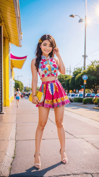 A fashionable young girl taking photos in the sunny weather, wearing trendy clothes, with a background of Memphis-style photography elements, featuring bright colors and artistic vibes. High-definition photo of a trendy girl in vibrant Memphis-style setting under the sun, full of lively colors and youthful energy,light,Nice legs and hot body,ao dai,More Detail,masterpiece
