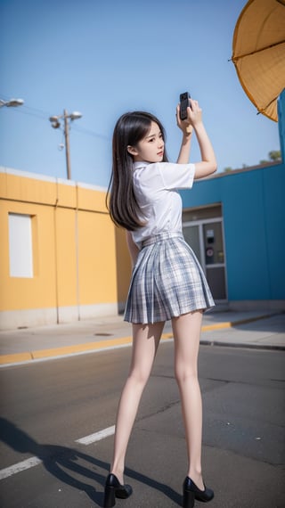 A fashionable young girl taking photos in the sunny weather, wearing school uniform, with a background of Memphis-style photography elements, featuring bright colors and artistic vibes. High-definition photo of a trendy girl in vibrant Memphis-style setting under the sun, full of lively colors and youthful energy,light,Nice legs and hot body,ao dai,More Detail,masterpiece
,school uniform