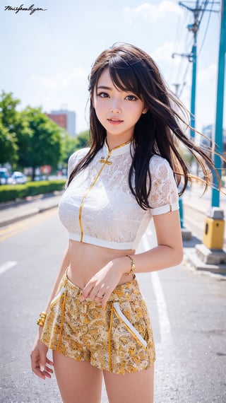 A fashionable young girl taking photos in the sunny weather, wearing trendy clothes, with a background of Memphis-style photography elements, featuring bright colors and artistic vibes. High-definition photo of a trendy girl in vibrant Memphis-style setting under the sun, full of lively colors and youthful energy,light,Nice legs and hot body,ao dai,More Detail,masterpiece
