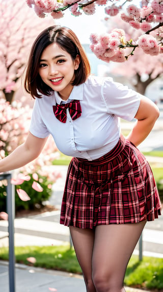 masterpiece, best quality, highres, aamahiru, short hair, red bowtie, white shirt, short sleeves, plaid skirt, brown skirt, pantyhose, , standing, cowboy shot, leaning forward, outdoors, cherry blossoms, smile, open mouth.