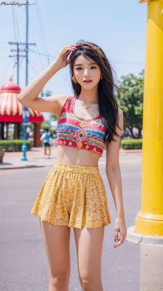 A fashionable young girl taking photos in the sunny weather, wearing trendy clothes, with a background of Memphis-style photography elements, featuring bright colors and artistic vibes. High-definition photo of a trendy girl in vibrant Memphis-style setting under the sun, full of lively colors and youthful energy,light,Nice legs and hot body,ao dai,More Detail,masterpiece
