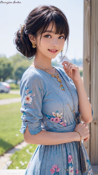 (best quality, masterpiece, ultra detailed, 8K, RAW photo), absuredres, a beautiful student model holding a sparrow, long black chignon with blunt bangs, azure outfit,grey eyes,parted greasy lips,kind smile,intricate jewelry,necklace,earrings, bliss, joyful, floral background,vibrant color, colorful,