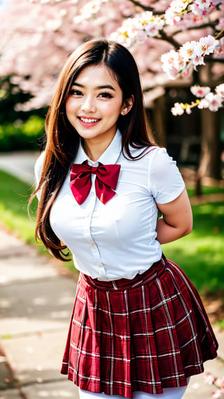 masterpiece, best quality, highres, aamahiru, long hair, red bowtie, white shirt, short sleeves, plaid skirt, brown skirt, pantyhose, , standing, cowboy shot, leaning forward, arms behind back, outdoors, cherry blossoms, smile, open mouth.