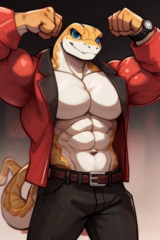 (Perfect eyes), (medium tail) a snake, white belly, muscle, flexing bicep curl, arms behind back, wear black pant, wear belt, wear watch, wear short red coat