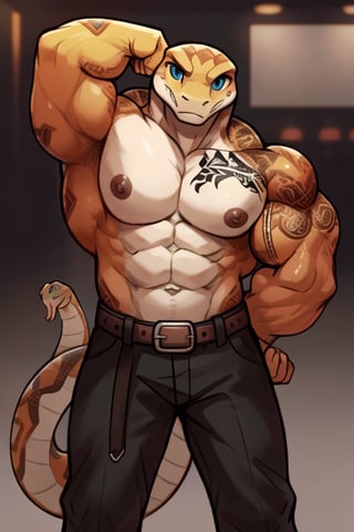 (Perfect eyes), (medium tail) a snake, white belly, muscle, flexing bicep curl, arms behind back, wear black pant, wear belt, tattoo, Full body tattoo 