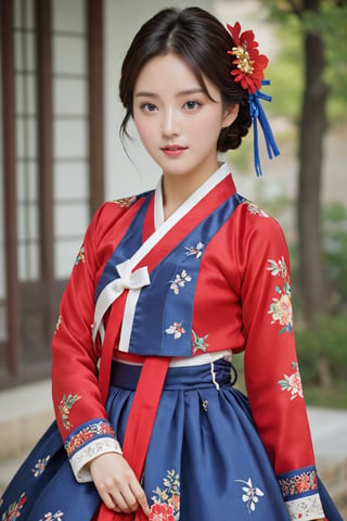 (1 Korean star with royal sister style), ((best quality, 8k, masterpiece: 1.3)), focus: 1.2, perfect body beauty: 1.4, (smile), (old palace in korea: 1.3), highly detailed face and skin texture, delicate eyes, double eyelids, whitened skin, (air bangs: 1.3), (round face: 1.5), hanbok (top red floral pattern silk jeogori, intense blue stripes silk skirt, The goreum of the jeogori is dark blue:1.4), Lucky bag and norigae on the waist, Korea hanbok style, Top and bottom completely separated, random model pose,  Young beauty spirit, inkGirl, Hanbok, FilmGirl, xxmix_girl, kwon-nara, cutegirlmix,cutegirlmix