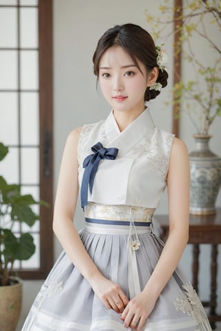 (1 23yo Korean star with royal sister style), ((best quality, 8k, masterpiece: 1.3)), focus: 1.2, perfect body beauty: 1.4, (smile: 1.2), (old palace in korea: 1.5), highly detailed face and skin texture, delicate eyes, double eyelids, whitened skin, (air bangs: 1.3), (round face: 1.5), hanbok (top light gray flower and white gold floral pattern sleeveless silk jeogori, ((intense white and light gray stripes silk very short skirt: 1.2)), The goreum of the jeogori is light brown:1.6), Lucky bag and norigae on the waist, Korea hanbok style, Top and bottom completely separated, random model pose, Head size in proportion to the body, Young beauty spirit, inkGirl, Hanbok, clear border, Clothing made of very thin silk, full body shot, FilmGirl, xxmix_girl, kwon-nara, cutegirlmix,cutegirlmix,kwon-nara, Asian Girl, Asian Woman