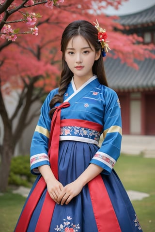 (1 Korean star with royal sister style), ((best quality, 8k, masterpiece: 1.3)), focus: 1.2, perfect body beauty: 1.4, (smile), (old palace in korea: 1.3), highly detailed face and skin texture, delicate eyes, double eyelids, whitened skin, (air bangs: 1.3), (round face: 1.5), hanbok (top red flower and floral pattern silk jeogori, intense blue stripes silk skirt, The goreum of the jeogori is dark blue:1.4), Lucky bag and norigae on the waist, Korea hanbok style, Top and bottom completely separated, random model pose,  Young beauty spirit, inkGirl, Hanbok, FilmGirl, xxmix_girl, kwon-nara, cutegirlmix,cutegirlmix