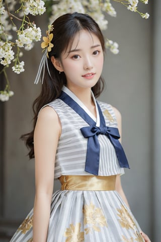 (1 23yo Korean star with royal sister style), ((best quality, 8k, masterpiece: 1.3)), focus: 1.2, perfect body beauty: 1.4, (smile: 1.2), (old palace in korea: 1.5), highly detailed face and skin texture, delicate eyes, double eyelids, whitened skin, (air bangs: 1.3), (round face: 1.5), hanbok (top light brown flower and gold floral pattern sleeveless silk jeogori, (((intense white and light gray stripes silk very short skirt: 1.2))), The goreum of the jeogori is light yellow:1.6), Lucky bag and norigae on the waist, Korea hanbok style, Top and bottom completely separated, random model pose, Head size in proportion to the body, Young beauty spirit, inkGirl, Hanbok, clear border, Clothing made of very thin silk, full body shot, FilmGirl, xxmix_girl, kwon-nara, cutegirlmix,cutegirlmix,kwon-nara, Asian Girl, Asian Woman