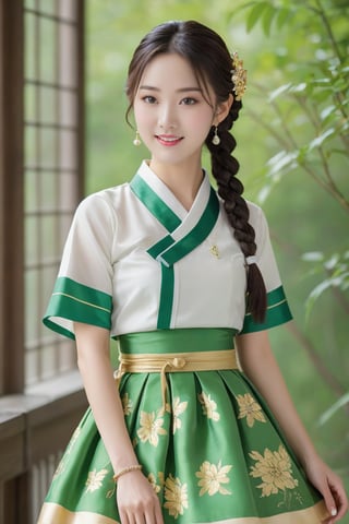 (1 23yo Korean star with royal sister style), ((best quality, 8k, masterpiece: 1.3)), focus: 1.2, perfect body beauty: 1.4, (smile: 1.2), (old palace in korea: 1.5), highly detailed face and skin texture, delicate eyes, double eyelids, whitened skin, (air bangs: 1.3), (round face: 1.5), hanbok (top white and gold floral pattern short sleeve silk jeogori, intense light green and green stripes silk very mini skirt, The goreum of the jeogori is white and gold:1.4), Lucky bag and norigae on the waist, Korea hanbok style, Top and bottom completely separated, random model pose, Head size in proportion to the body, Young beauty spirit, inkGirl, Hanbok, clear border, Clothing made of very thin silk, ((full body shot1.2)), FilmGirl, xxmix_girl, kwon-nara, cutegirlmix,cutegirlmix,kwon-nara, Asian Girl, Asian Woman