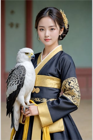 (1 23yo Korean star with royal sister style), ((best quality, 8k, masterpiece: 1.3)), focus: 1.2, perfect body beauty: 1.4, (smile: 1.2), (old palace in korea: 1.5), highly detailed face and skin texture, delicate eyes, double eyelids, whitened skin, (air bangs: 1.3), (round face: 1.5)), harpy eagle flying, Woman training a harpy eagle

Woman wearing traditional Korean dress black and gold Cheollik

random model pose, Head size in proportion to the body, Young beauty spirit, inkGirl, Hanbok, clear border, Clothing made of very thin silk, ((full body shot1.2)), FilmGirl, xxmix_girl, kwon-nara, cutegirlmix,cutegirlmix,kwon-nara, Asian Girl, Asian Woman