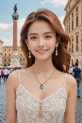 (1 22yo beauy girl), best quality, 8k, masterpiece, focus, perfect body beauty, highly detailed face and skin texture, delicate eyes, double eyelids, whitened skin,  Young beauty spirit, (bright smile), 
((The hair style and color is random, the necklace is random, the earrings are random, clothes style and color is random,  and the shoes are random, pose is random)). (The background is randomly selected from famous tourist attractions in Rome, Italy.)), 
Ultra-clear, ultra-detailed, ultra-realistic, ((full body shot)), ,aesthetic portrait,photo r3al