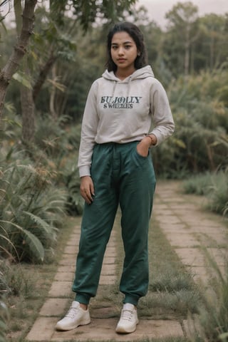 Fujifilms, Raw photo, sony a7iii SLR photoshoot, ultra realistic, natural face and body structure, full body shot, she is a beautiful 21 year old youngwomen, shot from a distance, india background, looking aesthetic, she is in garden, night time,  she is wearing a loose and baggy trouser, wearing baggy hoodie,  there are many families in the garden, hot sila,18 year old girl,Athulya,Mecha body