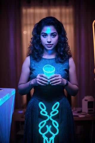 Look at camera, symmetrical eyes, 22 year old girl ,  thick waist, very very long curly brown hair,  futuristic dress, (bioluminescence:1.3), bio suite, , front view, movie scene, cinematic, high-quality, ultra-detailed, professionally color graded, professional photography.  ( hard light:1.2), (volumetric:1.2), well-lit, double exposure, award-winning photograph, dramatic lighting, dramatic shadows, illumination, long shot, wide shot, full body, at studio, smart watch on left hand, happy_face, Fast shutter speed, 1/1000 sec shutter, salwar, hand_up, sleeveless,18 year old girl,Athulya,1 girl,perfect,hand,fingers,perfecteyes eyes