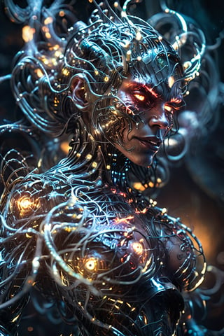 (8k, RAW photo, highest quality), hyperrealistic, intricate abstract, intricate artwork, abstract style, hauntingly, (((cyborg:demon girl:2))), alarming, metallic tendrils entwined, fearsome, emitting an ethereal glow, frightening, harnessing the power of the cosmos, (intricate details), hdr, (intricate details, hyperdetailed:1.2), cinematic shot, extremely high-resolution details, photographic, realism pushed to extreme, fine texture, incredibly lifelike
 dark theme
