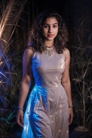 Look at camera, symmetrical eyes, 22 year old girl ,  thick waist, very very long curly brown hair,  futuristic dress, (bioluminescence:1.3), bio suite, , front view, movie scene, cinematic, high-quality, ultra-detailed, professionally color graded, professional photography.  ( hard light:1.2), (volumetric:1.2), well-lit, double exposure, award-winning photograph, dramatic lighting, dramatic shadows, illumination, long shot, wide shot, full body, at studio, smart watch on left hand, happy_face, Fast shutter speed, 1/1000 sec shutter, salwar, hand_up, sleeveless,18 year old girl,Athulya,1 girl,perfect,hand,fingers