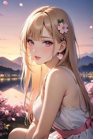 1girl, solo, ((sitting)), long hair, looking at viewer, blush, bangs, hair ornament, jewelry, pink eyes, himecut, blonde straight hair, earrings, parted lips, blurry, lips, ((evening)), eyelashes, portrait, light particles, ((masterpiece)), excellent quality, high resolution, light particles, landscape in background, ((sakura petals in air:1.4)), full body shot,