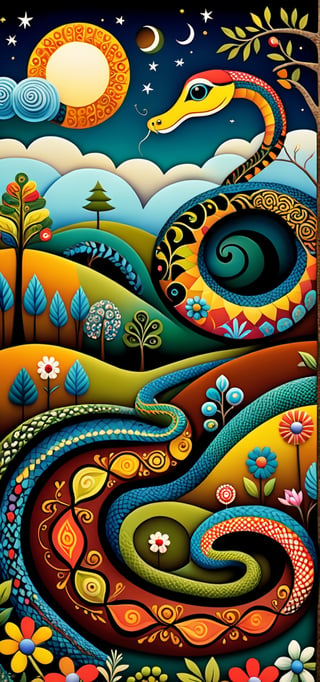 A mysterious snake, in the style of Edward Saidi Tingatinga, whimsical folk art. surreal naive art style illustration, whimsical scene, swirling patterns of (trees, clouds, field, flowers), detailed patterns of trees, circular designs on branches, interspersed animals, fractal elements within the patchwork gardens, aesthetic touches, ultrafine detail.