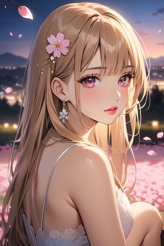 1girl, solo, ((sitting)), long hair, looking at viewer, blush, bangs, hair ornament, jewelry, pink eyes, himecut, blonde straight hair, earrings, parted lips, blurry, lips, ((evening)), eyelashes, portrait, light particles, ((masterpiece)), excellent quality, high resolution, light particles, landscape in background, ((sakura petals in air:1.4)), full body shot,