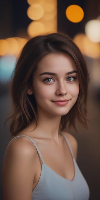 1 girl, aesthetic portrait, medium hair, detailed beautiful eyes, little smile, bokeh, depth of field, nightstreet, Photo Realistic, Extremely Realistic, cinematic lighting, 