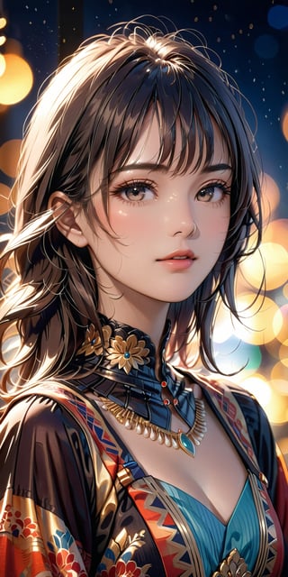 //Quality, Masterpiece, Top Quality, Official Art, Aesthetic and Beautiful, 16K, highest definition, high resolution 
//Character, (1girl), beautiful skin, waist up portrait, shyly face, sexy outfit, front view, (Bokeh, Sharp Focus), low angle, dawn, cinematic lighting, 
//Fashion, Ethnic clothes, 