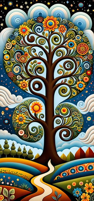 A mysterious tree of life, in the style of Edward Saidi Tingatinga, whimsical folk art. surreal naive art style illustration, whimsical scene, swirling patterns of (trees, clouds, field, flowers), detailed patterns of trees, circular designs on branches, interspersed animals, fractal elements within the patchwork gardens, aesthetic touches, ultrafine detail.