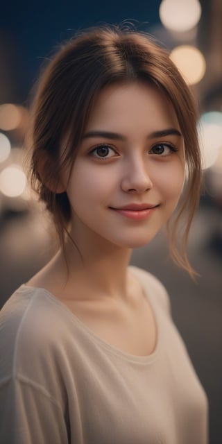 1 girl, aesthetic portrait, medium hair, detailed beautiful eyes, little smile, bokeh, depth of field, nightstreet, Photo Realistic, Extremely Realistic, cinematic lighting, 