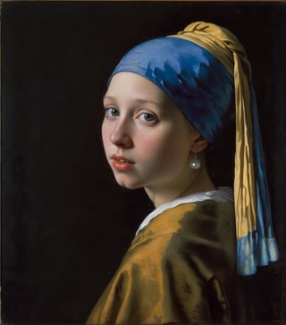 Girl with a Pearl Earring, Johannes Vermeer.
15 years old girl, Tilting head, only little open mouth, waist up portrait, (look from side:0.5), ((looking at viewer)).
