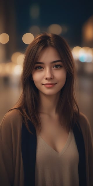 1 girl, aesthetic portrait, medium hair, detailed beautiful eyes, little smile, bokeh, depth of field, nightstreet, Photo Realistic, Extremely Realistic, cinematic lighting, 