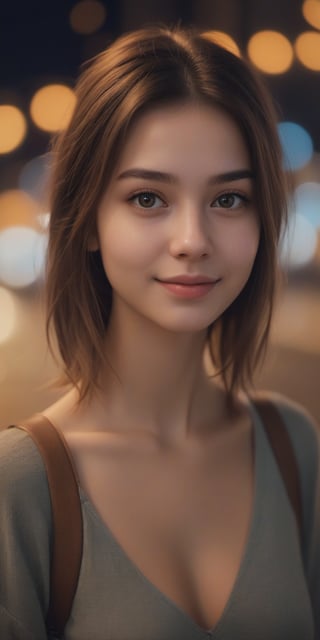 1 girl, aesthetic portrait, medium hair, detailed beautiful eyes, little smile, bokeh, depth of field, nightstreet, Photo Realistic, Extremely Realistic, cinematic lighting, 