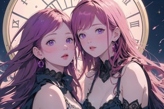 best quality, (masterpiece), high resolution, two cutie girls, purple and red hair, shyly face, active pose, sheer nightware, portrait, illustration, dramatic lighting, perfect anatomy