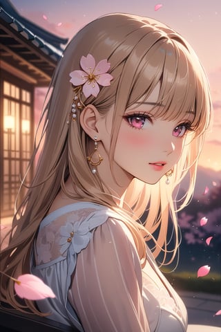 1girl, solo, ((sitting)), long hair, looking at viewer, blush, bangs, hair ornament, jewelry, pink eyes, himecut, blonde straight hair, earrings, parted lips, blurry, lips, ((evening)), eyelashes, portrait, light particles, ((masterpiece)), excellent quality, high resolution, light particles, landscape in background, ((sakura petals in air:1.4)), full body shot,