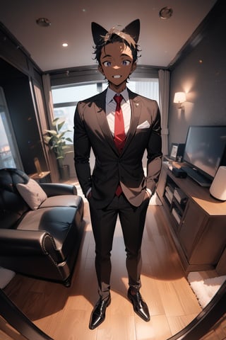 1boy, matue male, slim, fake cat ears, forehead, black jacket, red necktie, white shirt, black skinny pants, formal shoes, standing, outside, living room, indoor, [fisheye lens:: 3], masterpiece, best quality, absurdres, very aesthetic, newest, General