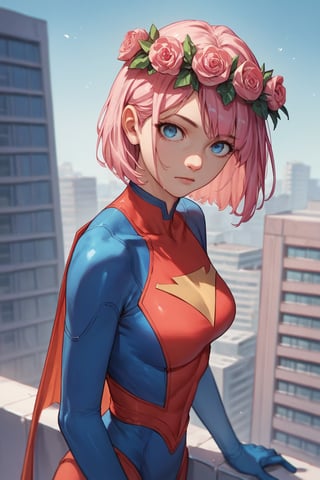 score_9, score_8_up, score_7_up, score_6_up, score_5_up, score_4_up, BREAK source_anime, 1girl, looking at viewer, bob cut, pink hair, Flower Crown, blue eyes, superhero costume, standing, outside, rooftop