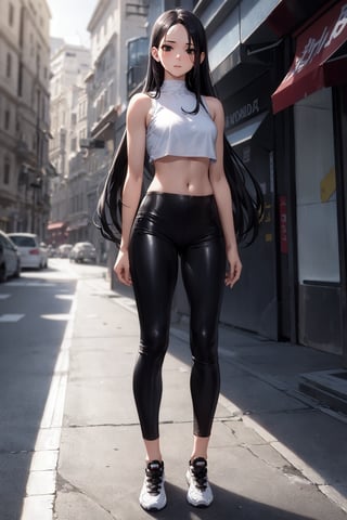 masterpiece, best quality, 1girl, black hair, long hair, straight hair, forehead, black eyes, crop top, midriff, pants, shoes, standing, outside, [fisheye lens:: 1]