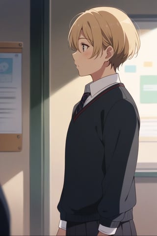 masterpiece, best quality, animescreencap, 1boy, standing, teacher outfit, front of classroom, solo, short_hair, (upperbody) 
