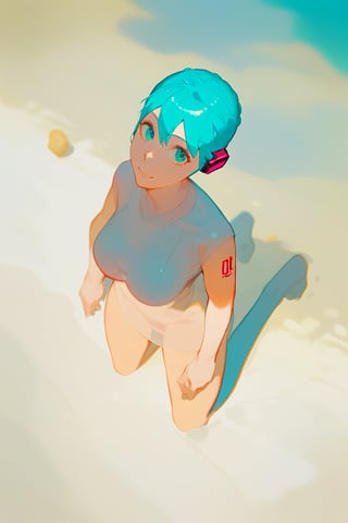 (score_9,score_8_up,score_7_up), anime, 1girl, hatsune miku, kneeling down, outdoors, sand sea, from above