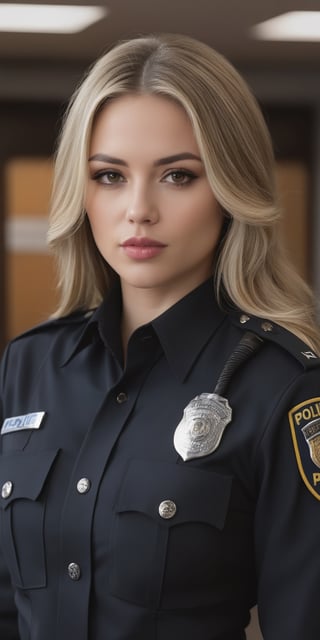 Generate hyper realistic image of a beautiful policewoman with long, flowing blonde hair, captivating brown eyes, and a confident gaze directed at the viewer. Dressed in a realistic police uniform with a prominent belt, her lips express determination and authority. The scene exudes a sense of security and professionalism, capturing the essence of a dedicated law enforcement officer.,hubggirl