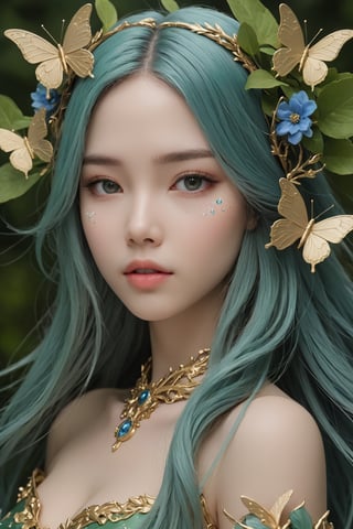 splash art, digital painting, alcohol ink painting, luminism, golden lines, BjD doll face, porcelain skin, baroque, long swirling green hair, lavish green leaves, falling blue flowers, celestial lighting, butterflies, tree branches, sky, golden glowing, water drops,

best quality, masterpiece, high res, absurd res,
perfect lighting, vibrant colors, intricate details,
high detailed skin, pale skin,
,HUBGGIRL, HUBG_Mecha_Armor