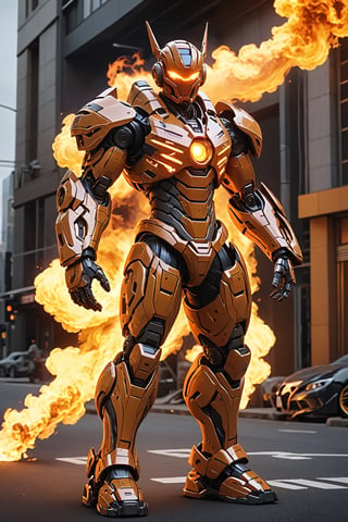 anthropomorphic creature made of fire , emanates quantities of said element,wearing  a cybernetic armor, you can see the background matches its element ,((Tall and skinny, really tall)) , full body shot, wide Angle, octane render RTX, render, realistic render, cinematic lighting, ultra-detailed, muscular body, HUBG_Mecha_Armor, HUBG_Beauty_Girl