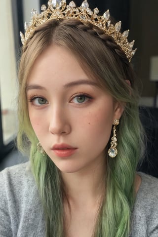 (ultra realistic,best quality),photorealistic,Extremely Realistic, in depth, cinematic light,hubggirl,

(masterpiece, best quality), High detailed, picture perfect face, blush, freckles, beautiful face, supermodel, colorful, (light green hair,multicolored hair), long hair,braids, side bun, golden tiara,perfectly textured skin,blue eyes,iridescent eyes, (perfect female body), (thic lips, broad lips), alluring, charming, beautiful, cute, tomboy, lipgloss, makeup,gold and gem earrings,Black top,thin fabric,