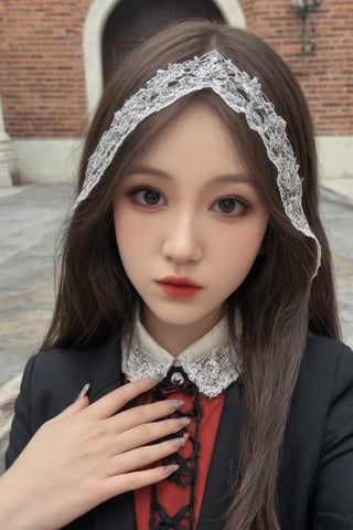 (ultra realistic,best quality),photorealistic,Extremely Realistic, in depth, cinematic light,hubggirl,

1girl, professional photoshot, red and black gothic clothing, beautiful model, very detailed brown hair, incredibly detailed red eyes, elegant and aesthetic pose, very detailed outfit, 