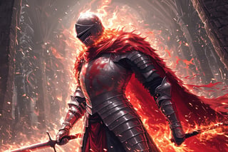 an cinematic shot of a knight wearing black shiny reflective armor, (soul leaving the body, in the style of ethereal light effects, red fire:1.2), soul knight, soul effects, souls in background, dark souls, holding a sword, hkstyle, best quality, hyper detailed, ultra detailed