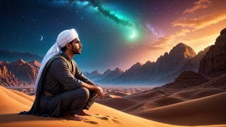 a detailed 8k illustration, a handsome muslim man pondering upon his future in the middle of desert at night, a majestic sky   .  detailmaster2, 