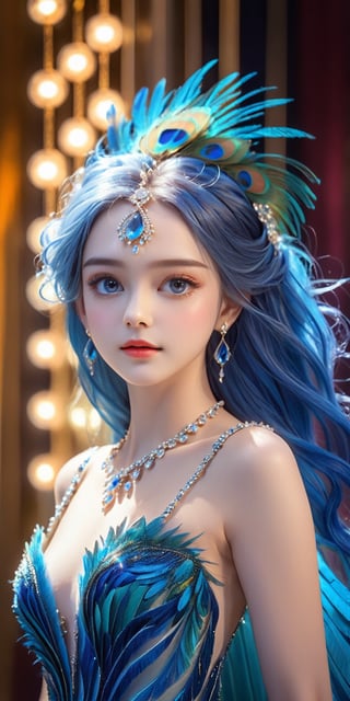 ((masterpiece))),(((best quality))),((super detailed)),((extremely delicate and beautiful)),cinematic light,detailed environment,(real),
1girl,solo,exposed collarbone,exposed shoulders,(Milky skin:1.2),(shiny skin:1.5),blue eyes, make-up,long blue hairs,free style,
jewelry,necklace,earrings,makeup,(brilliant 
 light and dark touquos dress:1.3),(full body:0.7),
A shot with tension,(xuer peacock feather),
ultra realistic,32k,RAW photo,(high detailed skin:1.2), 8k uhd, dslr, soft lighting, high quality, film grain
