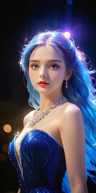 ((masterpiece))),(((best quality))),((super detailed)),((extremely delicate and beautiful)),cinematic light,detailed environment,(real),
1girl,solo,exposed collarbone,exposed shoulders,(Milky skin:1.2),(shiny skin:1.5),blue eyes, make-up,long blue hairs,free style,
jewelry,necklace,earrings,makeup,(brilliant 
 light and dark touquos dress:1.3),(full body:0.7),
A shot with tension,(xuer peacock feather),
ultra realistic,32k,RAW photo,(high detailed skin:1.2), 8k uhd, dslr, soft lighting, high quality, film grain
,cutegirlmix