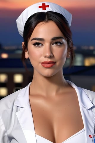 score_9, score_8_up,((masterpiece, best quality)), (close up Portrait), 1girl, 35 year old, Dua Lipa as nurse, slim shoulders, front view, outdoor, standing, on a rooftop at night, Extremely Realistic