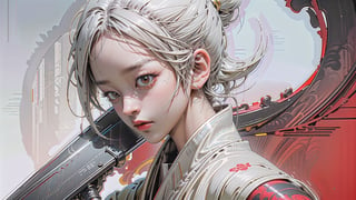 masterpiece, top quality, best quality, official art, beautiful and aesthetic:1.3), (1girl:1.4), white color hair, red hanfu fashion, golden line, volumetric lighting, ultra-high quality, photorealistic, red sky background, dynamic pose, detailed_background, 8k illustration,weapon, black and gold details, dark light, red_eyes, distant face